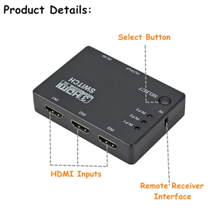 GRWIBEOU HDMI Switcher 3 In 1 Out 3 Ports HDMI splitter Hub Switch Box 1080p HD 1.4 With Remote for HDTV XBOX360 DVD Projector