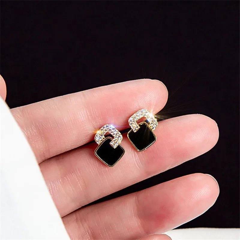 Korean Style Black Zircon Stud Earring For Women Shiny Rhinestone Square Geometric Earrings Girl Party Statement Jewelry Gifts