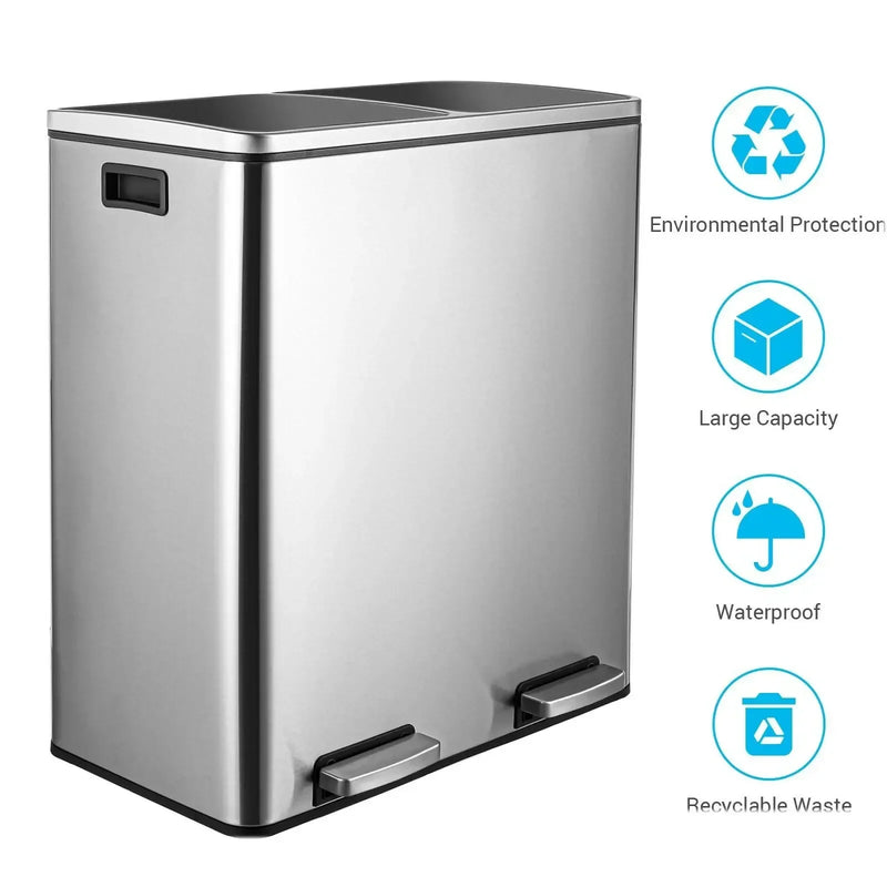 Brushed Stainless Steel 60L/16Gallon Rectangular Hands-Free Dual Compartment Recycling Kitchen Step Trash Can w/ Soft-Close Lid