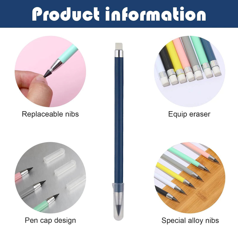 12 PCS Inkless Pencil, Everlasting Pencil Infinity Pencil with Eraser, Reusable Infinite Pencil Replaceable Nibs