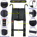 3.8M Telescopic Ladder with hooks, 12.5FT Black Multi-Purpose Folding Aluminium Telescoping Ladder Foldable Ladder Extension