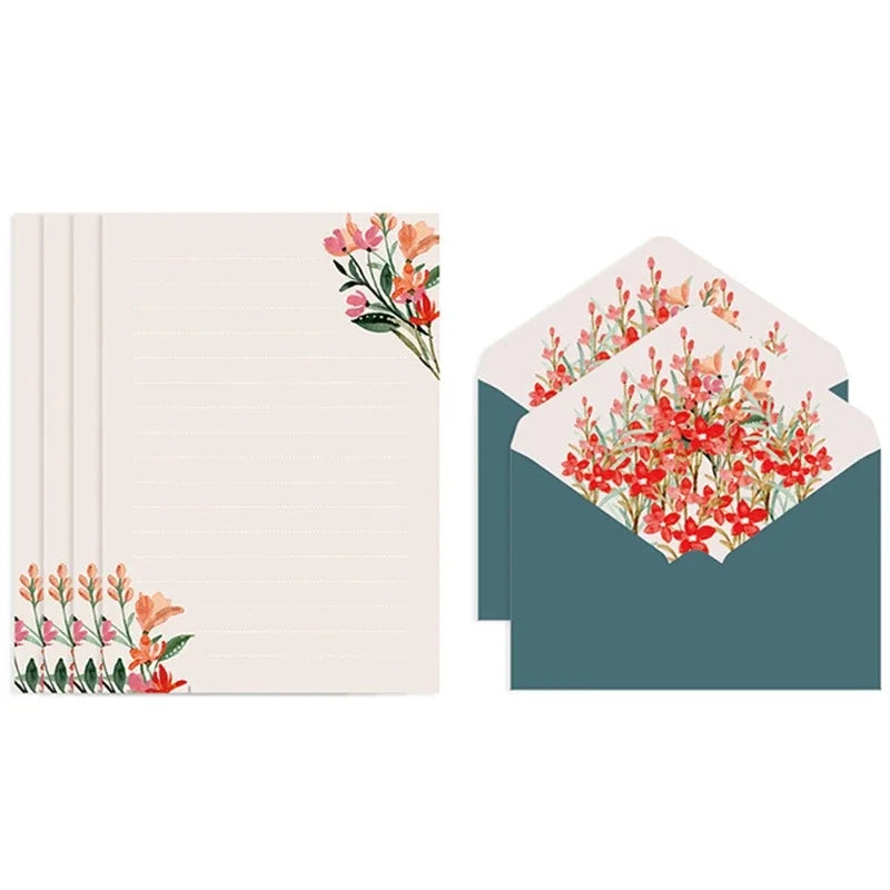 Flower Envelope Set with 4 Letter Papers for Wedding Party/Graduation/Baby Shower Invitation Thanks Letter Writing