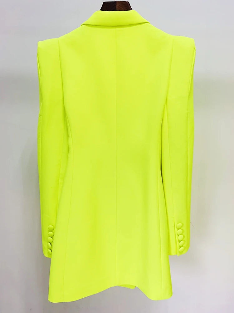 HIGH QUALITY Newest Fashion 2024 Designer Jacket Women Peak Strong Shoulder Double Breasted Long Blazer Fluorescein