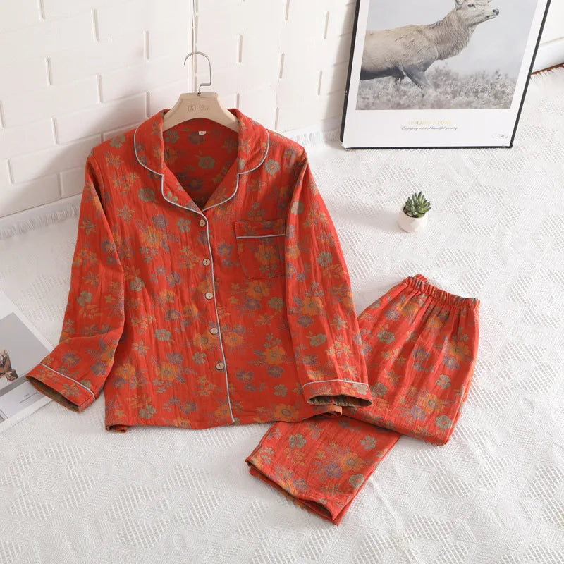 Floral Printed Cotton Women's Pajamas Suit for Spring and Autumn Jacquard Long Sleeved Large Size Home Women Sleepwear Set