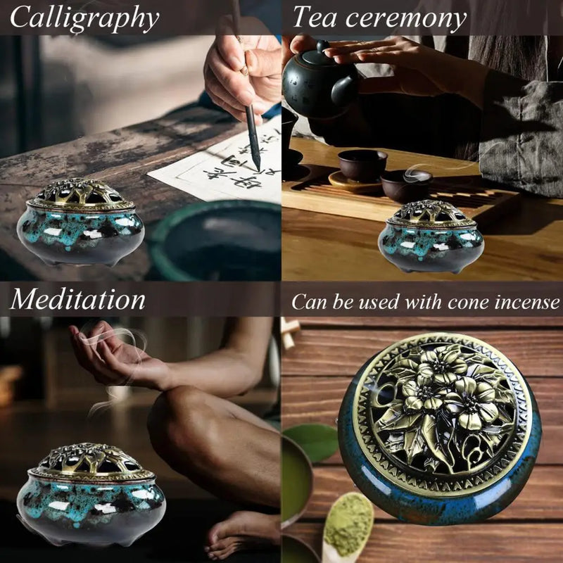 Incense Burner with Lid Hollow Top Censer Holder Heat Resistance Incense Tower Ice Crack Pattern Peaceful Mind Censer Burner