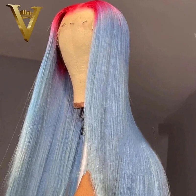 Haze Blue Colored Straight Lace Front Wig Red Ombre Human Hair Wigs For Women Brazilian Transparent Lace Front Wig Pre Plucked