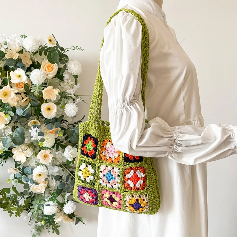 Women Boho Woven Tote Bag Summer Beach Handbag Floral Handmade Weaving Shoulder Bags Crochet Bag Flower Stitching Shopper Bag