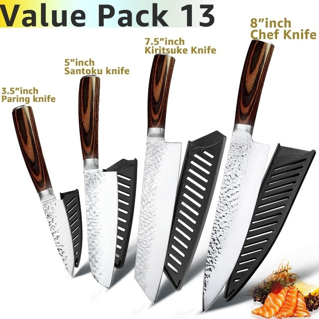 Kitchen Knife Japanese Chef Knives Set 7CR17 High Carbon Stainless Steel Full Tang Hammer Pattern Meat Cleaver Utility Santoku K