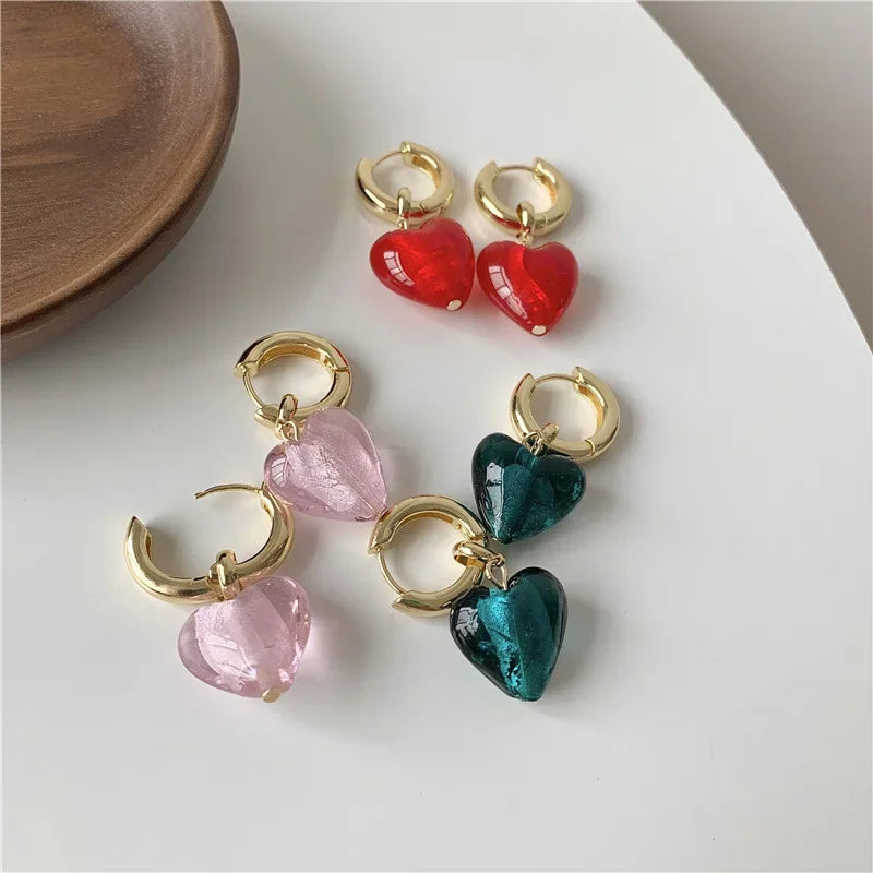 Minar French Red Green Pink Clear Glass Heart Pendant Earring Gold Color Hooks Multicolor Love Hoop Earrings Minimalist Jewelry