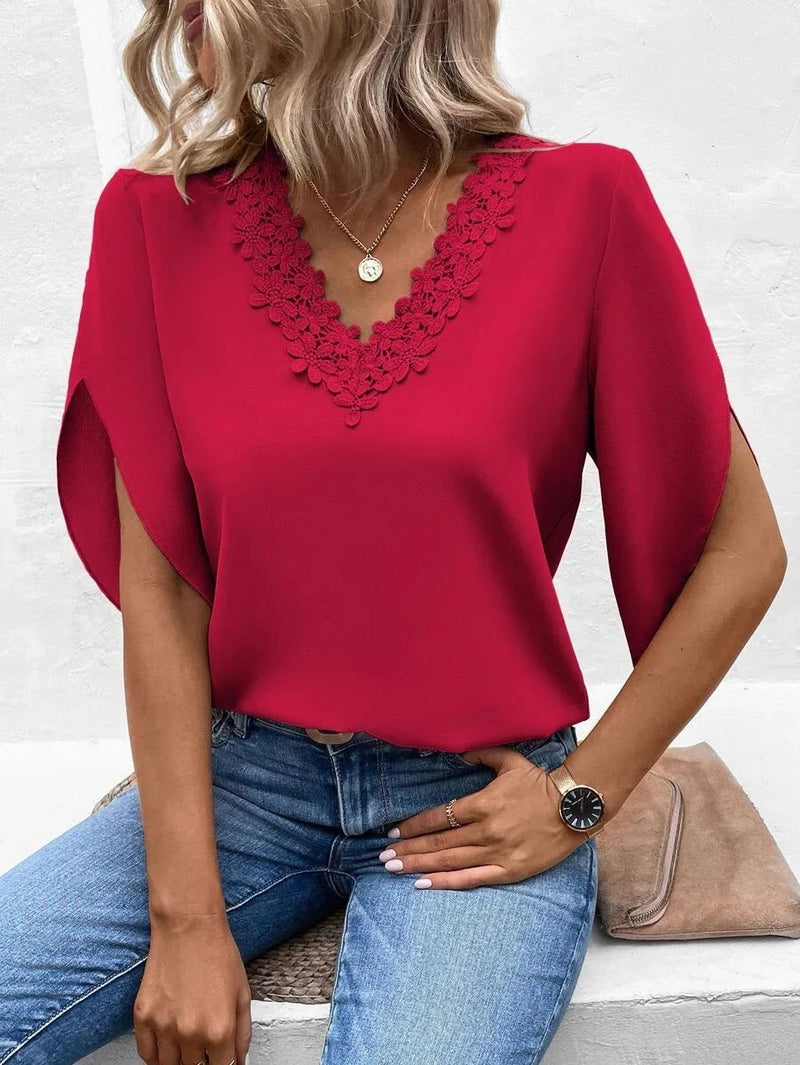 Fashion V Neck Short Sleeve Shirt Blouse Office Lady Spring Summer Casual Loose Solid Lace Blouses For Women 2023 Elegant Tops