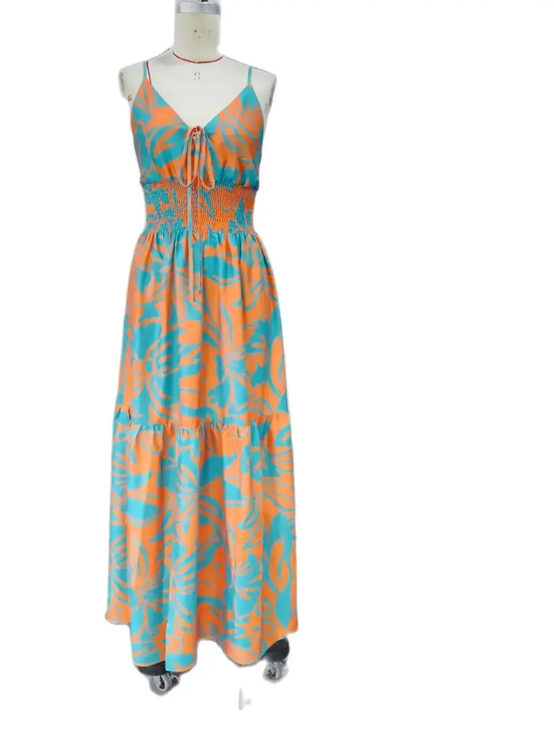 Tropical Print Tied Detail Shirred Slit Maxi Dress