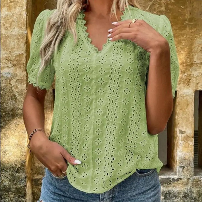 Lady Tee Top V-Neck Short Sleeve Solid Color Women Blouse Lace Spliced Hollow Summer Pullover Top Female Streetwear