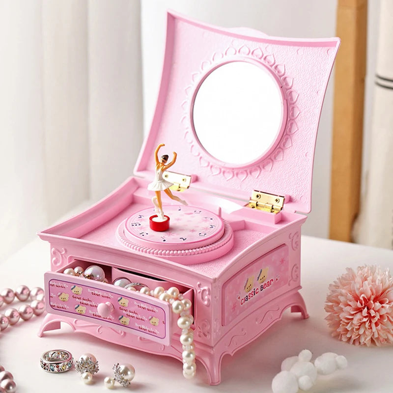 Makeup Mirror Jewelry Box Music Box Dancing Ballerina Drawer Girl Music Box Kids Musical Toy Gift Music Box Pink