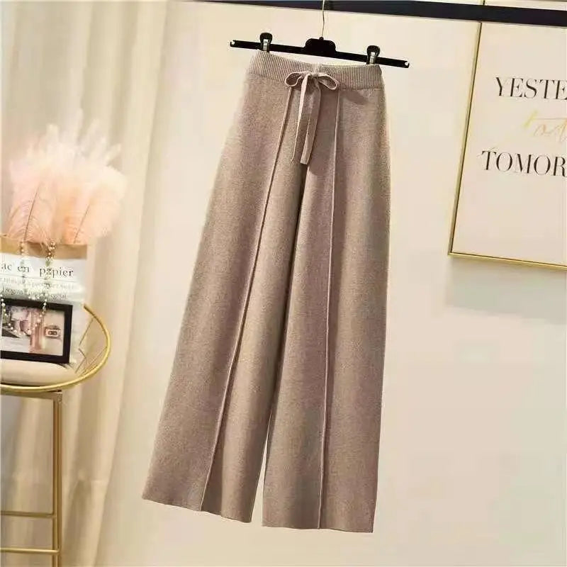 Knitted pants women spring and autumn high waist elastic drape drawstring loose casual mopping pants straight wide leg pants