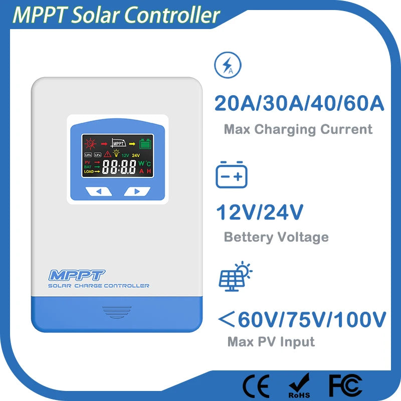 New 20A 30A 40A MPPT Solar Charge Controller 12V 24V Auto Battery Charger Max PV Input 60VDC 100VDC LCD Solar Regulator