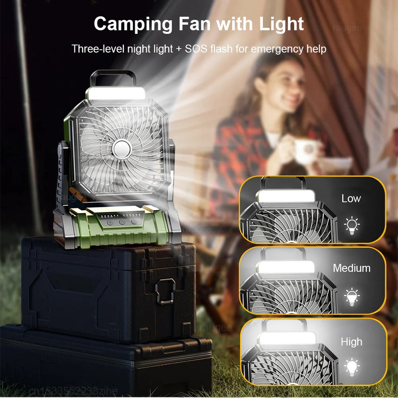 Camping Fan Rechargeable Portable Camping Circulator Fan Wireless Outdoor Camping Ceiling Fan with LED Light 5400mAh Battery