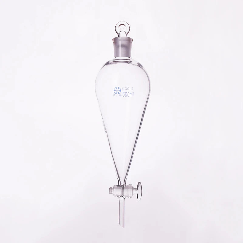 Separatory funnel pear shape,Ground-in glass stopper and stopcock.10ml-125ml-250ml-500ml-5000ml,No tick mark,Glass switch valve