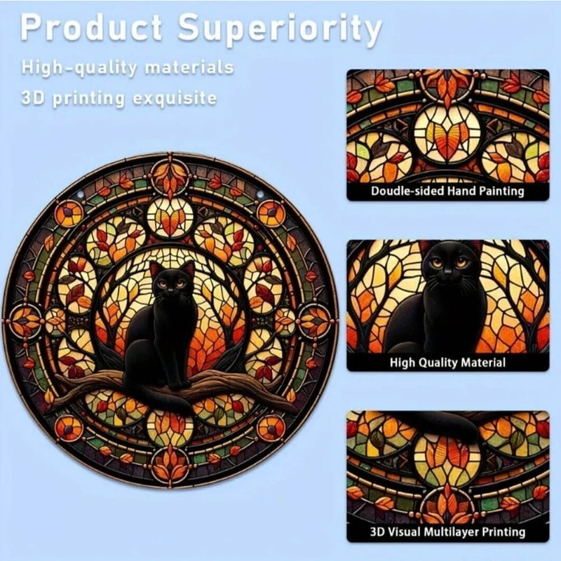 Black Cat In Moonlight Stained Window Hanging Sun Catcher Sunshade Cat Lover Sign Gift For Family Home Outdoor Indoor Yard Decor