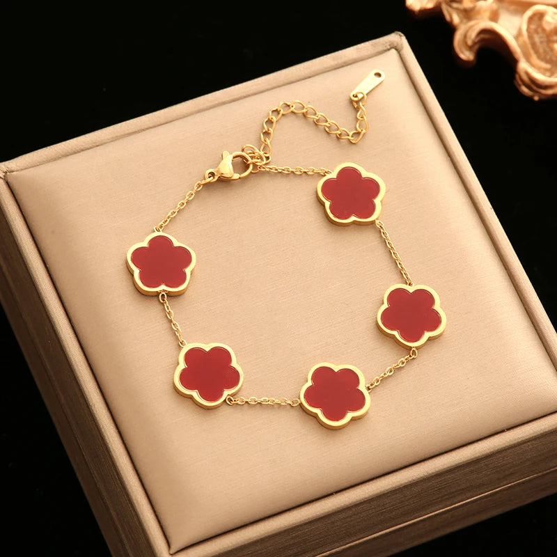 GANEMLY 316L Stainless Steel Golden Plum Blossom Plant Five Leaf Flower Set Necklace Earrings Bracelet Women Clover Jewelry Gift