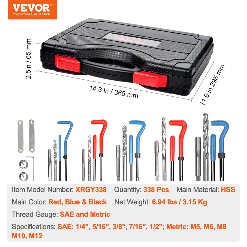 VEVOR Helicoil Thread Repair Kit SAE and Metric Rethreading Tool Kit HSS Drill Bits Thread Inserts Breakoff Installation Tools