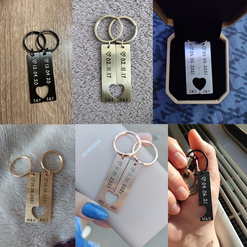 Personalized Heart Keychain Set  Engraved King Date and Name Love Keyring Gift for Couples Girlfriend Boyfriends Key Chain Rings