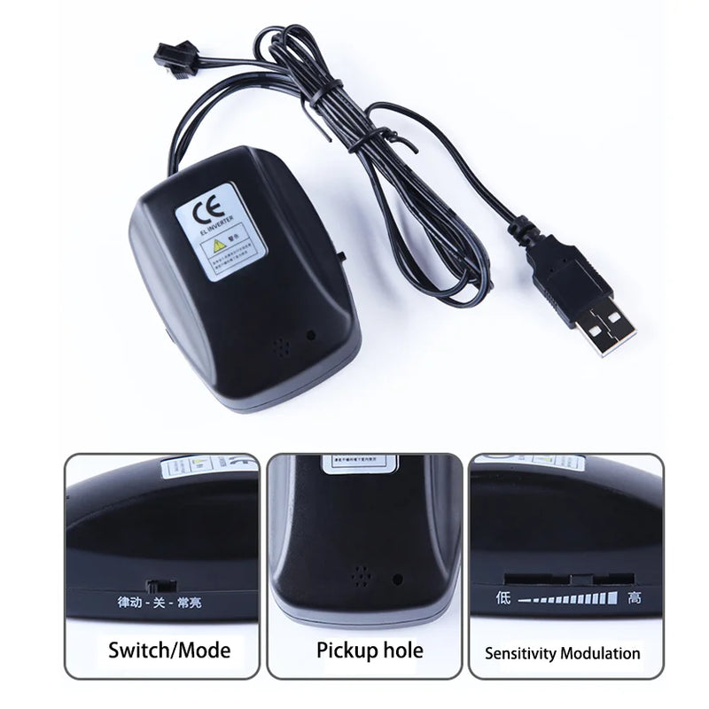 Car Interior Decorative Adapter 5V USB Driver Switch Wiring voice control 3V Battery Box Cigarette Drive EL Wiring Neon Strip