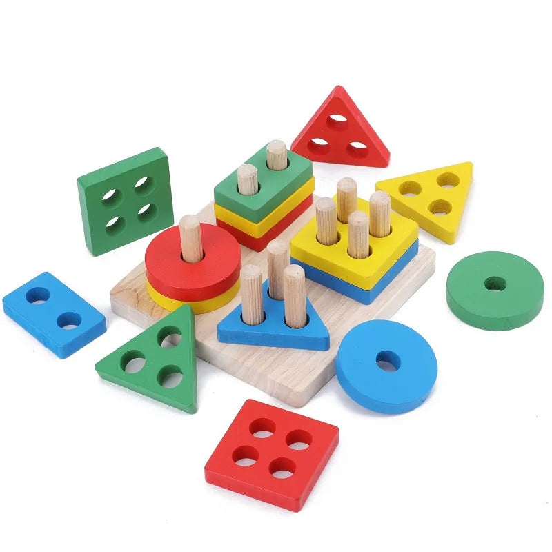 Kids Wooden Building Blocks Educational Early Learning Geometric Figure Pillar Block Intellectual Development Montessori Toy