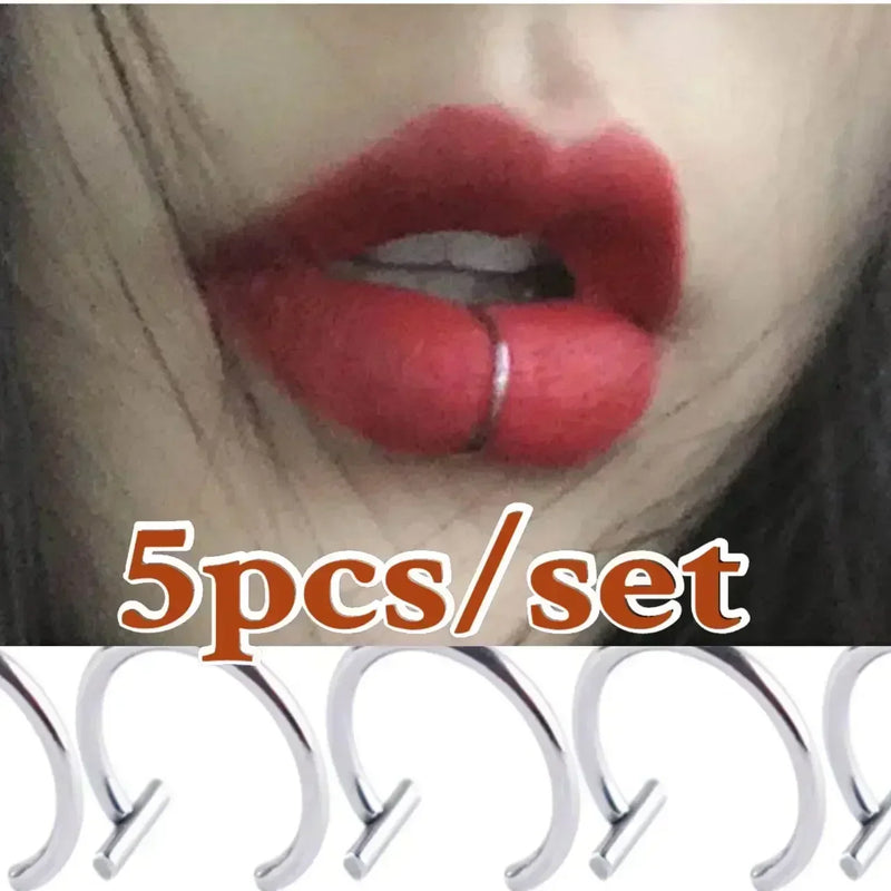 5Pcs Lip Nose Rings Neutral Punk Lip-shaped Ear Nose Clip Fake Diaphragm with Perforated Lip Hoop Body Jewelry Steel Ring