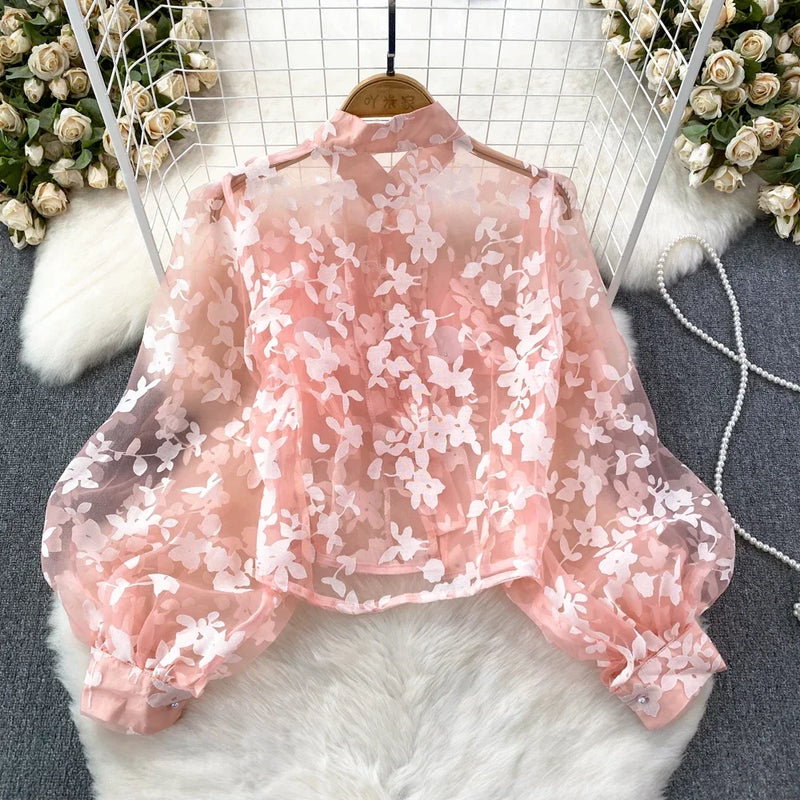 Court Style Retro Blouses Women 3D Flower Mesh Sheer Female Blusas Mujer Single Breasted Stand Collar Blouse Woman Dropshipping