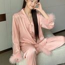 Spring Autumn Female Pajamas Trouser Set Luxury Feather Pink Bride Wedding Sleepwear Gift Sexy Loose Satin Home Wear Loungewear
