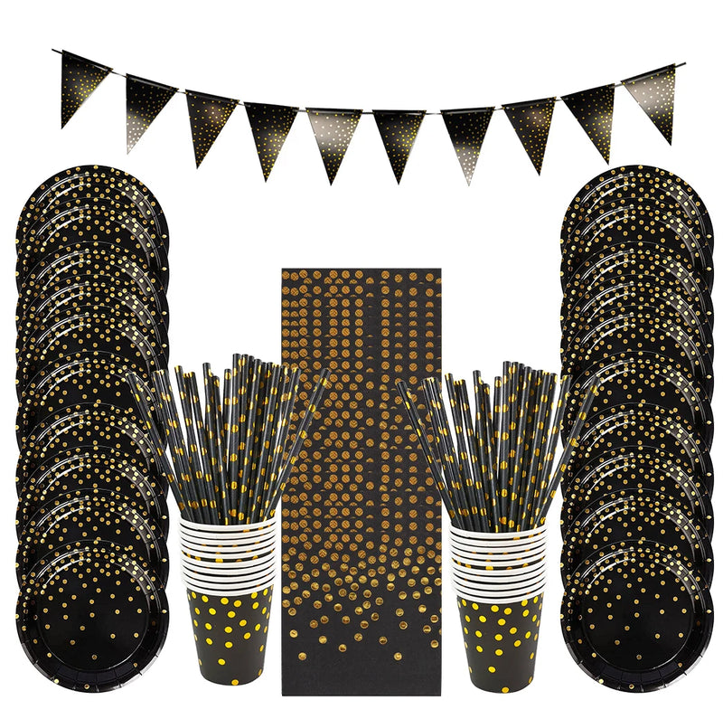 Black Golden Dot Disposable Tableware Set Plate Straws Paper Cup Birthday Christmas Halloween Baby Shower Wedding Party Decor