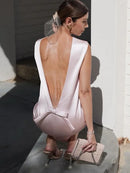 Tossy Tee Bow Backless Satin Mini Dress For Women Elegant Fashion Sleeveless Patchwork Party Dress Gown Female Solid Mini Dress