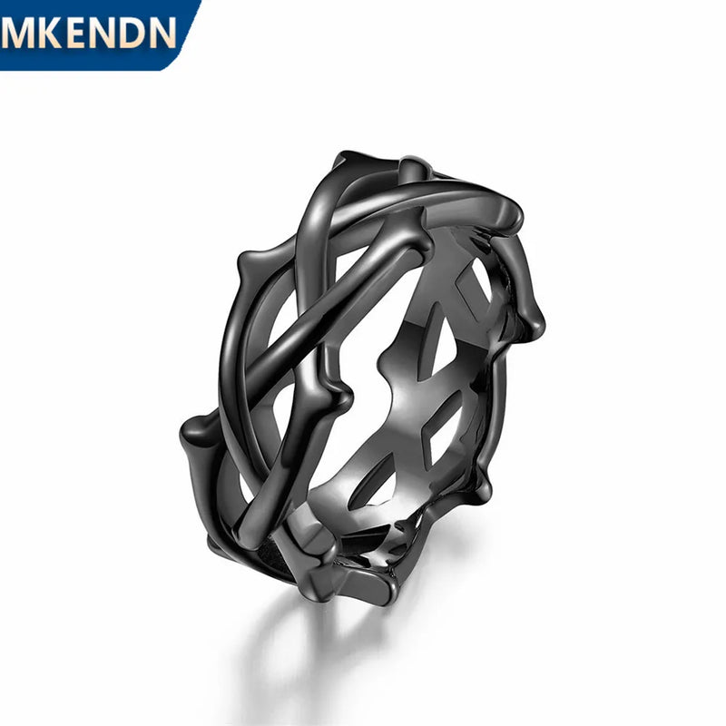 MKENDN 9MM Men Ring Thorn Vine Stainless Steel Rings Fashion Finger Gift For Male Him Anniversary Gothic Jewelry