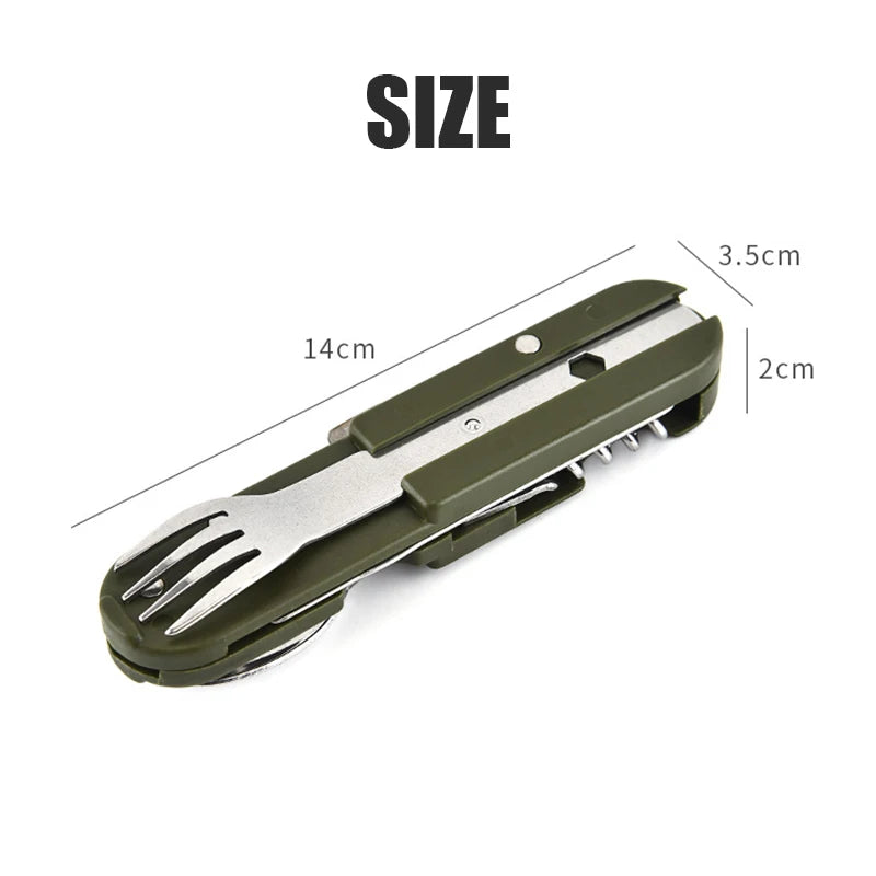 Camping Folding Picnic Cutlery Knife Portable Stainless Steel Army Green Fork Spoon Bottle Opener Flatware Tableware Travel Kit