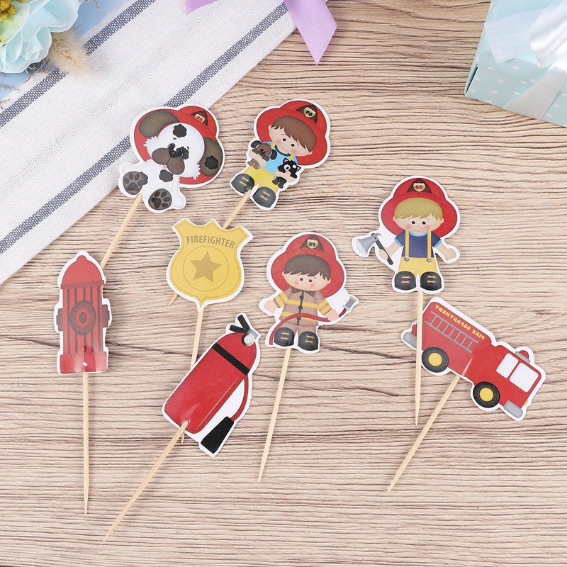 Cake Picks Party Firefighter Decorating Toppers Decor Truck Fire Cartoon Theme Supplies Cupcake Fruit Fireman Woodland Baby