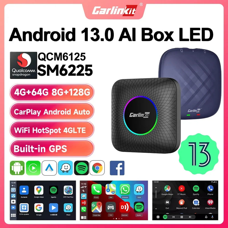 2025 CarlinKit CarPlay AI Box Android 13.0 QCM6225 8-Core Android Auto Wireless CarPlay Adapter 2.4+5GGPS 64G 128G FOTA Upgrade