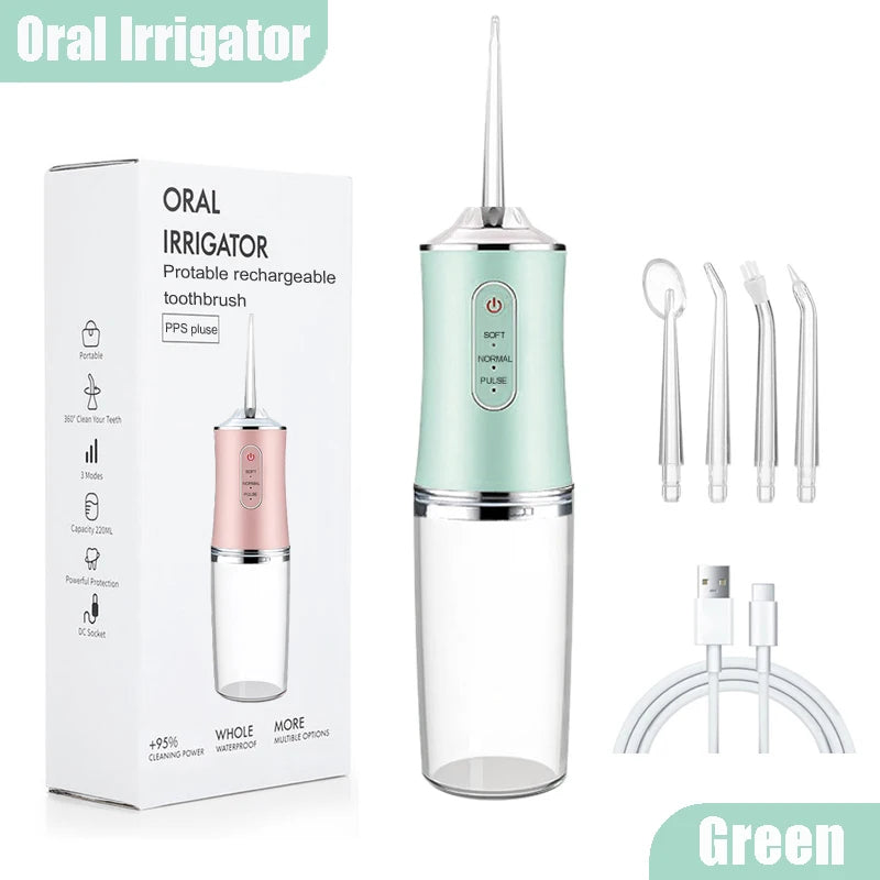 Oral Irrigator Portable Dental Water Flosser USB Rechargeable Water Jet Floss Tooth Pick 4 Jet Tip 220ml 3 Modes Teeth Cleaner