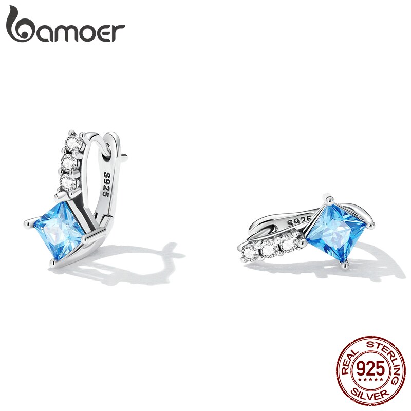 Bamoer 925 Sterling Silver Delicate Blue Zirconium Ear Clip for Women Fine Earrings Bridal Engagement Wedding Jewelry Gift