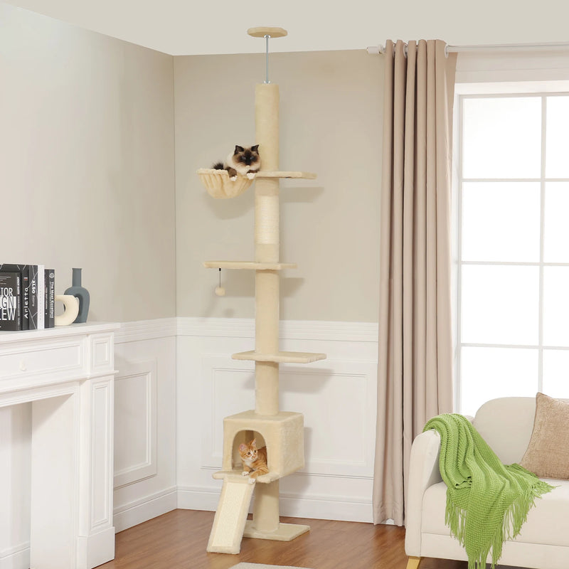 Adjustable 210-274CM Floor to Ceiling Cat Tree Tower 5 Tiers Climbing Tree for Indoor Cats with Condo Scratching Post Ladders