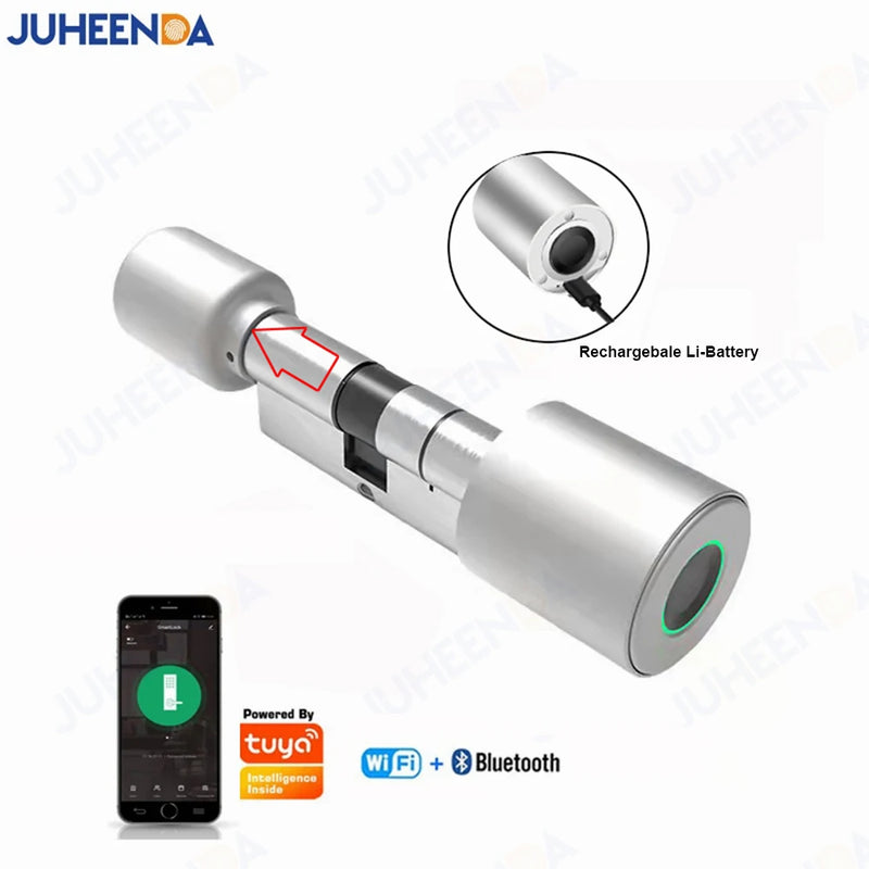 Juheenda Tuya Smart Cylinder Lock Electronic Bluetooth APP Remote Biometric Fingerprint Lock Anti-Theft Security Home Door Lock