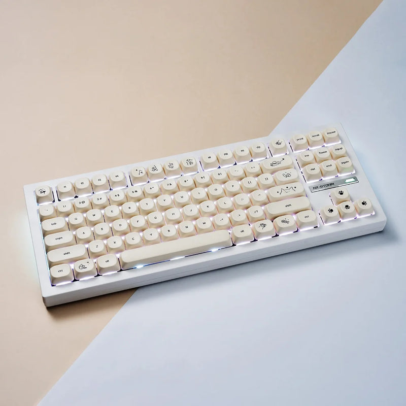 Milk White Kitten MOA Keycaps PBT 124 Keys Cute Kitten Dog Small Font for 60/84/98/108 Mechanical Keyboards