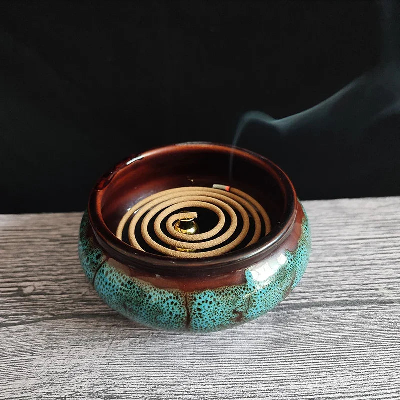 YXYMCF Ceramic Kiln Discoloration Incense Burner Household Incense Holder Zen Buddha Cone Coil Stick Incense Base Bronze Cover