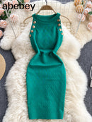 New Button Details Sleeveless Knitted Bodycon Dress Women Summer Elegant Stretchy Dress Vintage Solid Dress