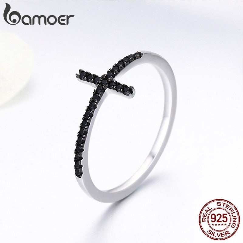 BAMOER Popular 925 Sterling Silver Faith Cross Shape Finger Rings for Women ,Black Clear CZ Sterling Silver Jewelry Gift SCR067