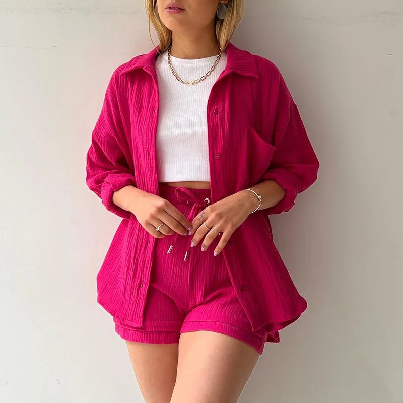 Summer Women Pajamas Fashion 100% Cotton Pink Loose Fitting Casual Pajamas 2-Piece Shorts Lace Up Lady Homewear Wearing Outside