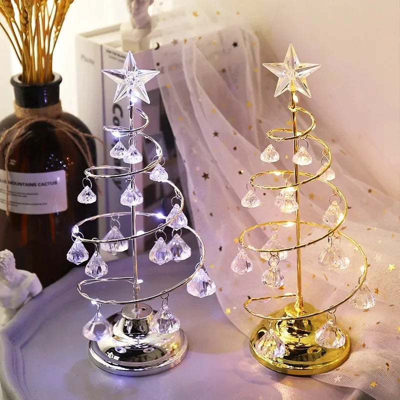 Night Lights Christmas Decorations Gifts Electroplated Iron Tree LED Luminous Crystal Christmas Tree Crystal Table Decoration