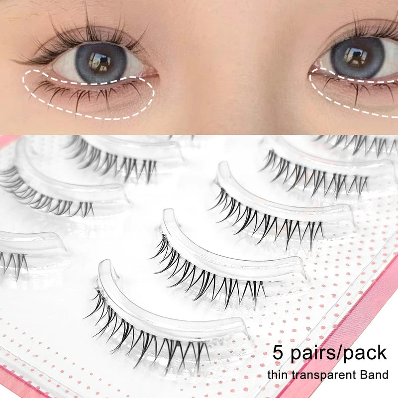 Yelix 5 Pairs Lower Lashes Manga Clear Band Wispy Small Flame Under False Lashes Strip Natural Bottom Eyelashes Korean Makeup