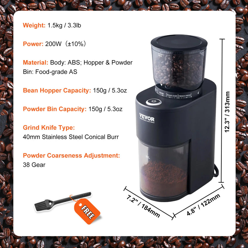 VEVOR 40MM Conical Burr Grind Setting Coffe Bean Electric Grinder Mocha Espresso Adjustment Coffee Machine for Home and Kitchen
