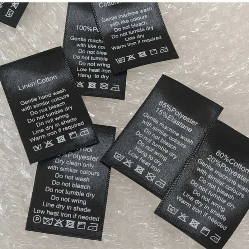 100PCS In Stock Satin Print Washing Labels Clothing Labels Cotton/Silk/Cashmere/Wool/Linen/Polyester Black Care Label