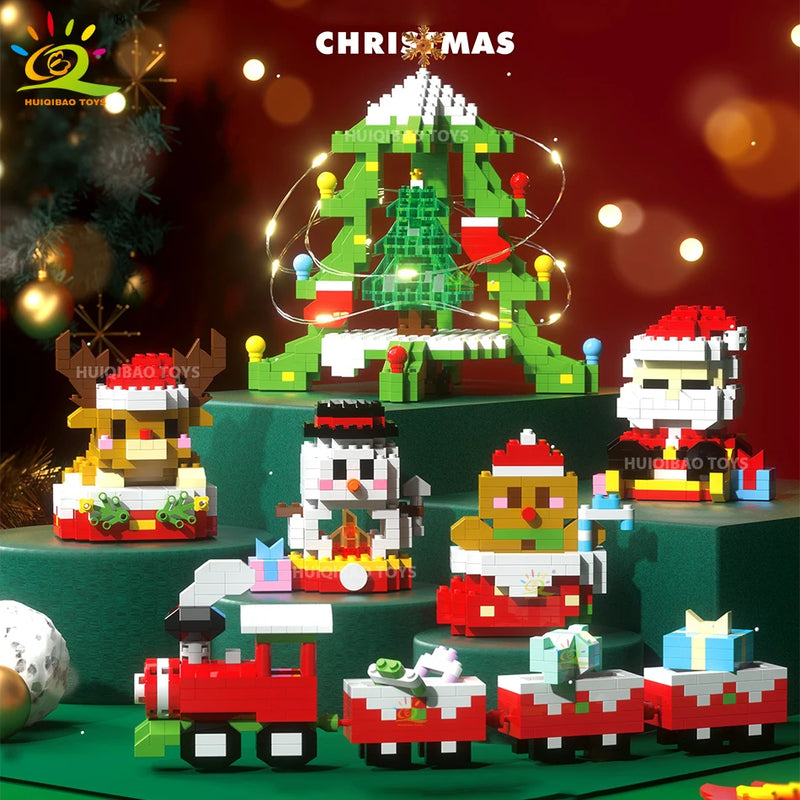 HUIQIBAO Christmas Tree Train Santa Claus Model Micro Building Blocks Elk Elves Snowman Mini Bricks Xmas Gifts Toys for Children